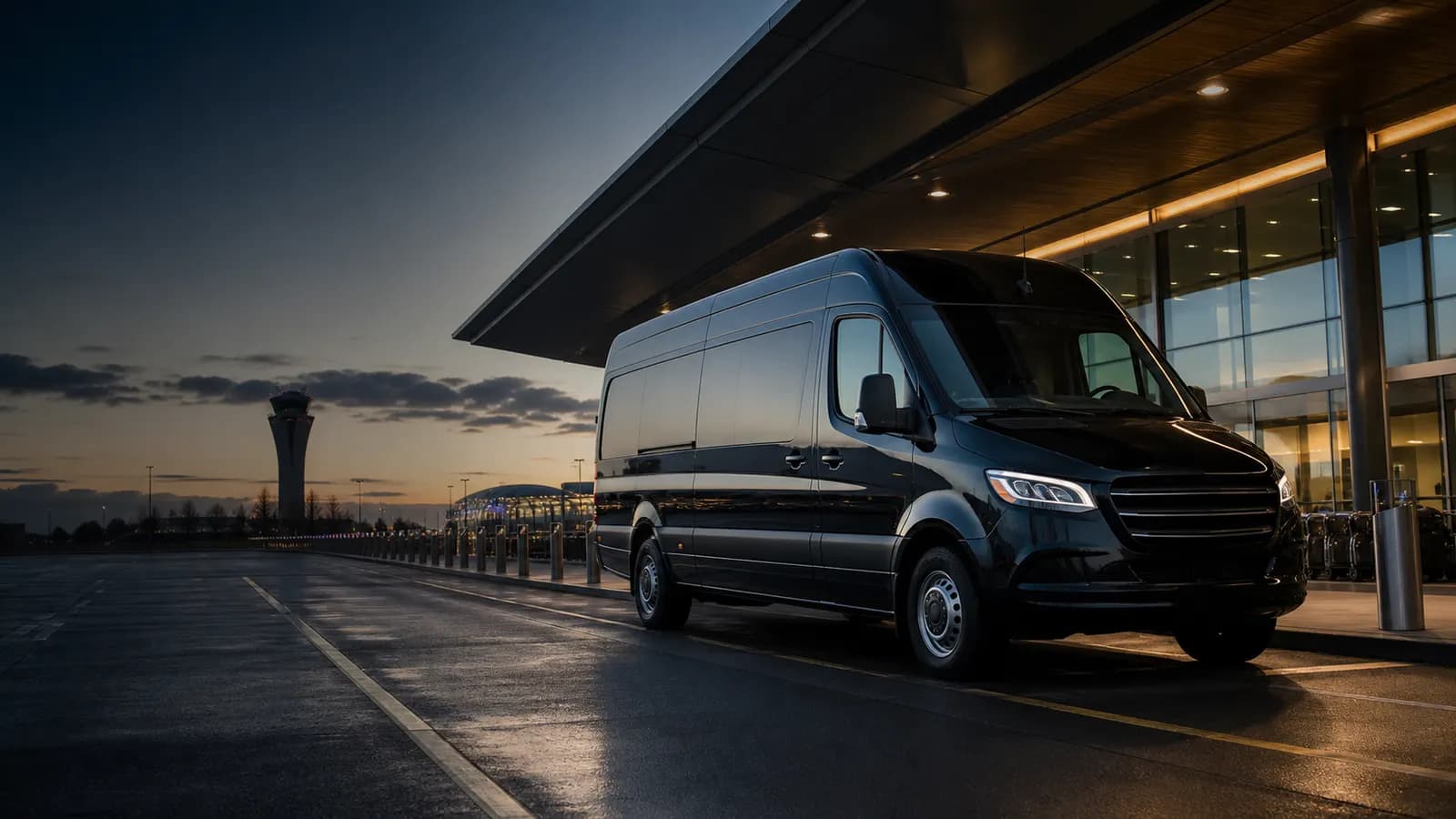 Luxury black shuttle vehicle at Portland airport curbside for PDX transportation